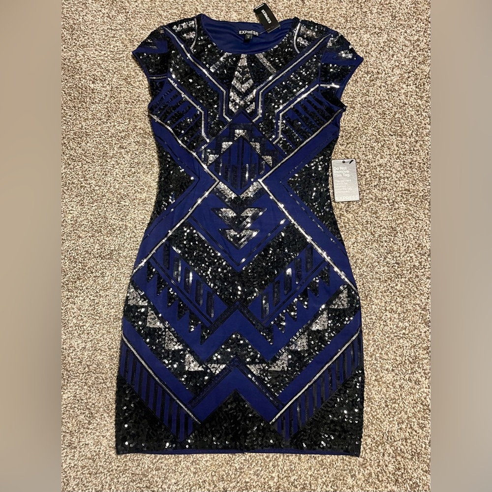 Express NWT Bodycon Sequin Dress Blue Black Aztec Geometric